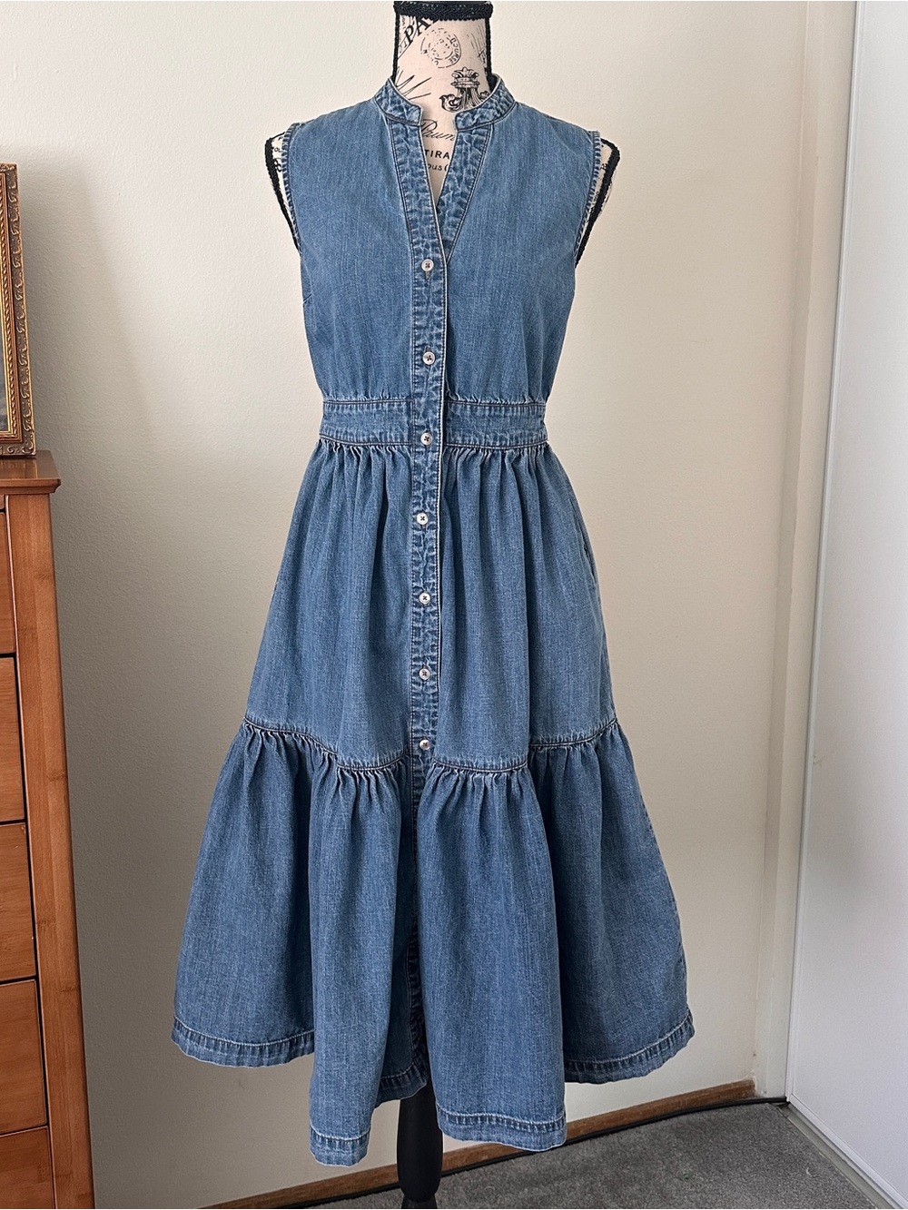 ON 34th Denim Tiered Midi Dress Sleeveless Button Front Pockets Blue Size S